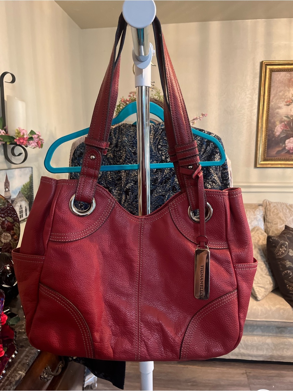 Tignanello Burgundy Pebbled Leather Shoulder Bag